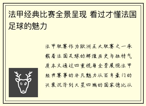 法甲经典比赛全景呈现 看过才懂法国足球的魅力