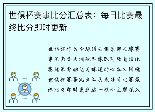 世俱杯赛事比分汇总表：每日比赛最终比分即时更新
