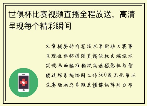 世俱杯比赛视频直播全程放送，高清呈现每个精彩瞬间