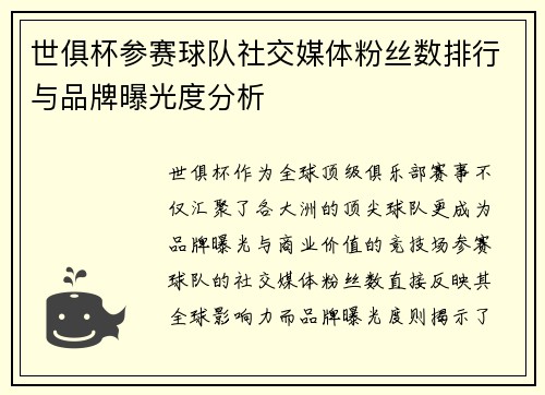 世俱杯参赛球队社交媒体粉丝数排行与品牌曝光度分析